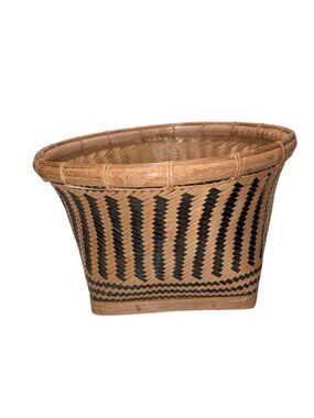 Vintage Woven Rice Baskets Set of 3 Black Natural Double Weave Tapered Handmade